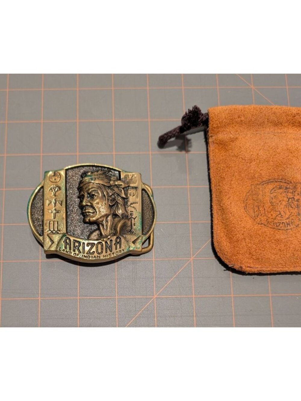 Vintage Arizona Solid Brass Belt Buckle Native American Design Suede Pouch - Picture 10 of 13